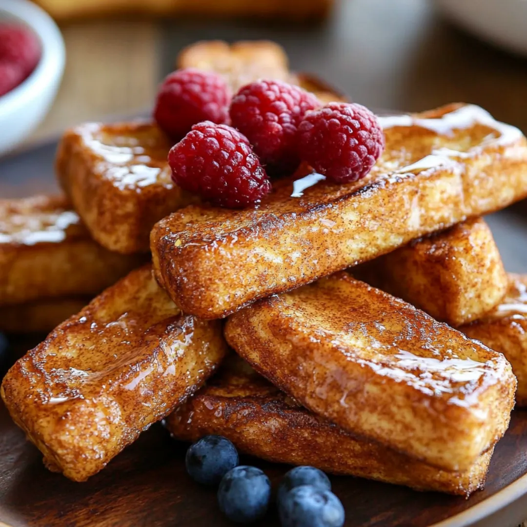 Ein Stapel French Toast mit Himbeeren oben drauf.