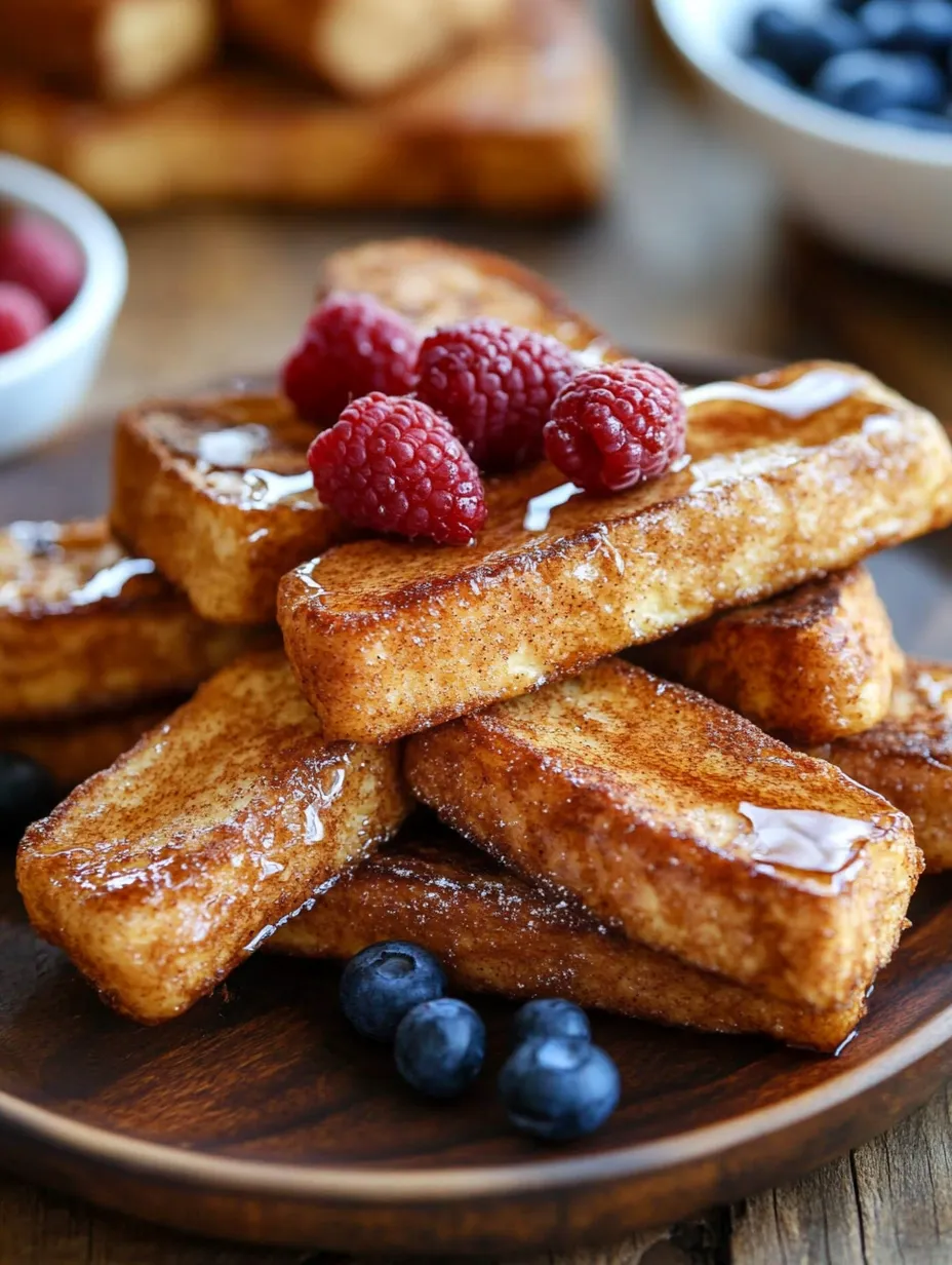 Ein Stapel French Toast mit Himbeeren obendrauf.