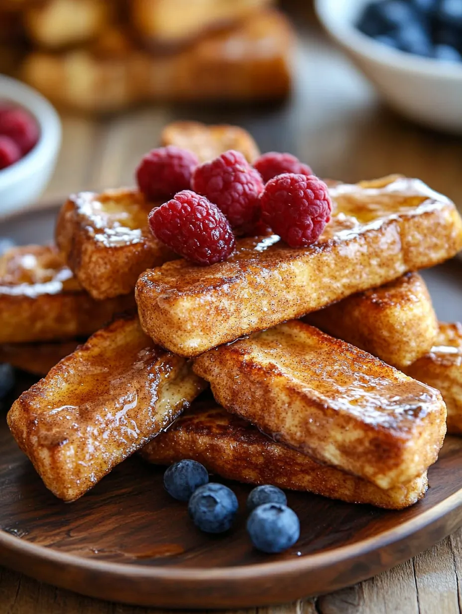 Ein Stapel French Toast mit Himbeeren obendrauf.