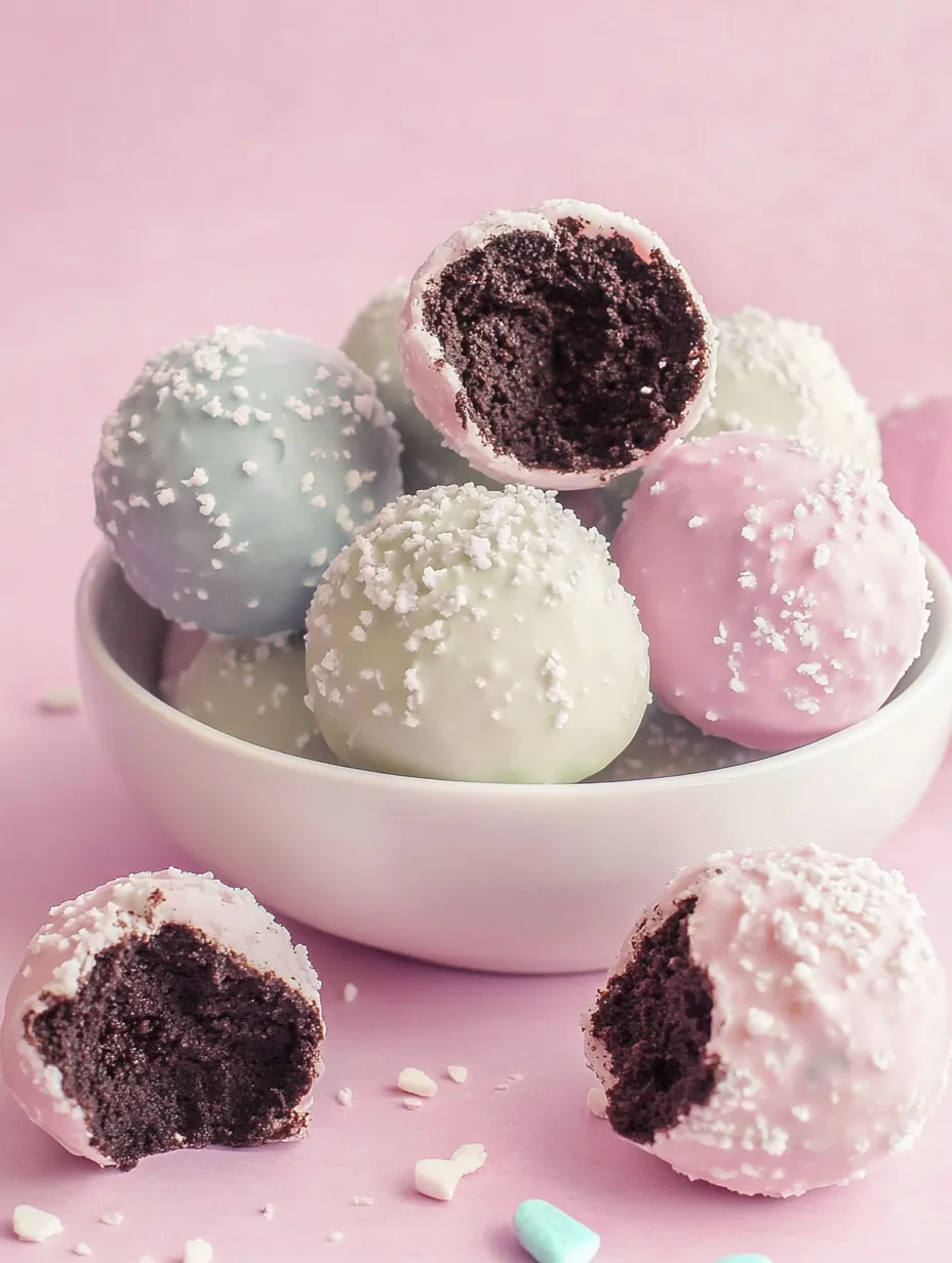 Eine Schüssel mit Cake Balls mit rosa und schwarzem Frosting.