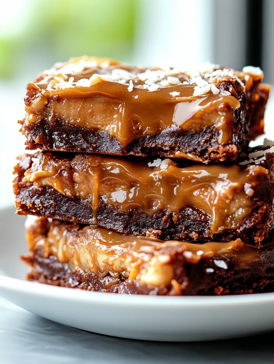 Ein Stapel Brownies mit Karamell-Topping.