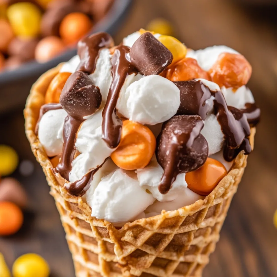 Ein Schokoladen-Waffelkegel gefüllt mit Marshmallows und Erdnüssen.