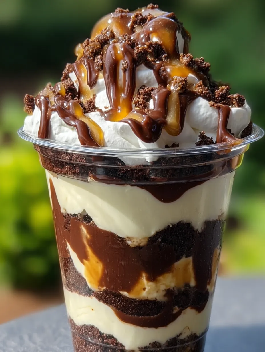 Ein Schokoladen-Karamell-Dessert in einem Plastikbecher.
