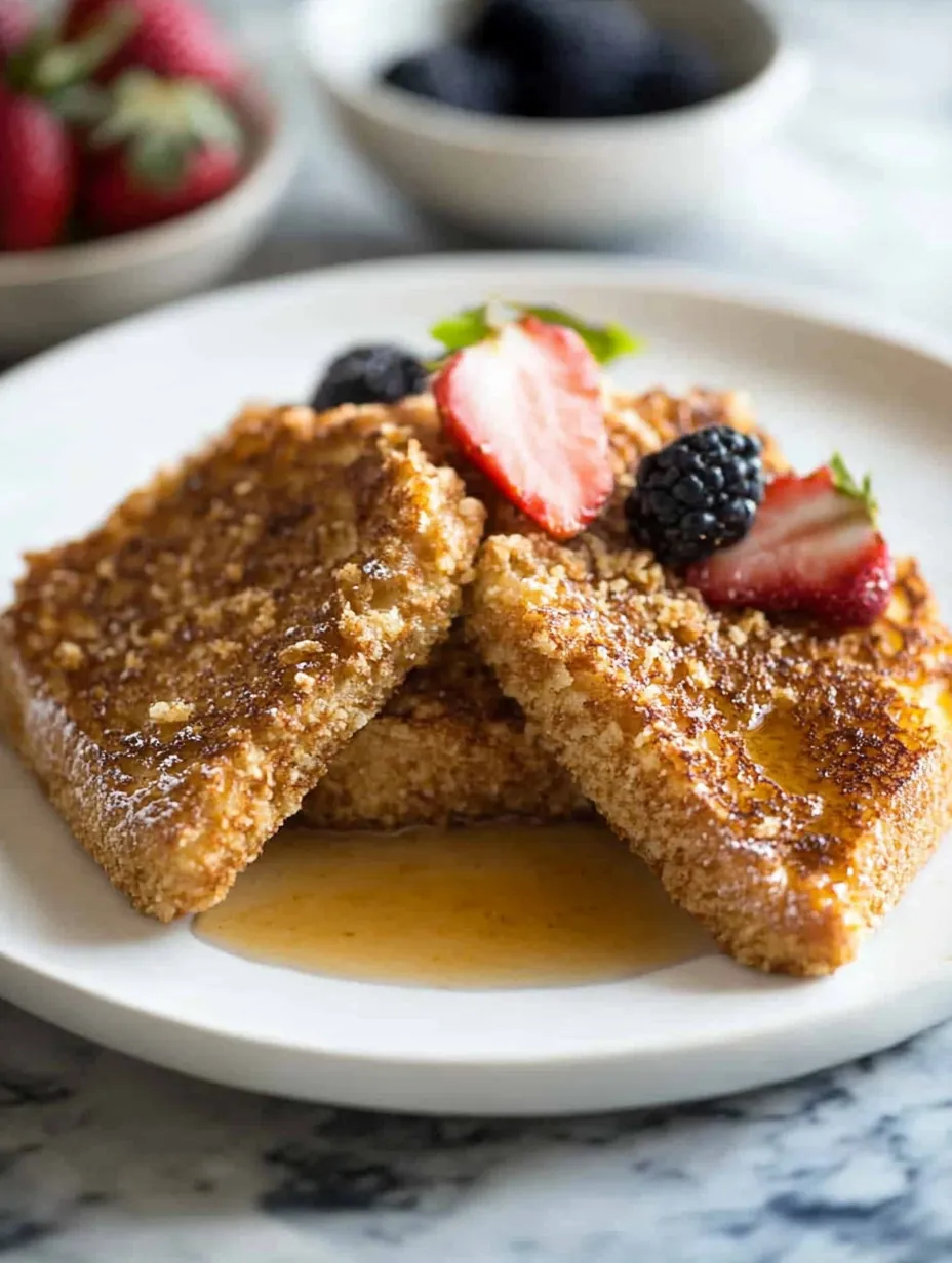 Ein Teller French Toast mit Erdbeeren und Blaubeeren obendrauf.
