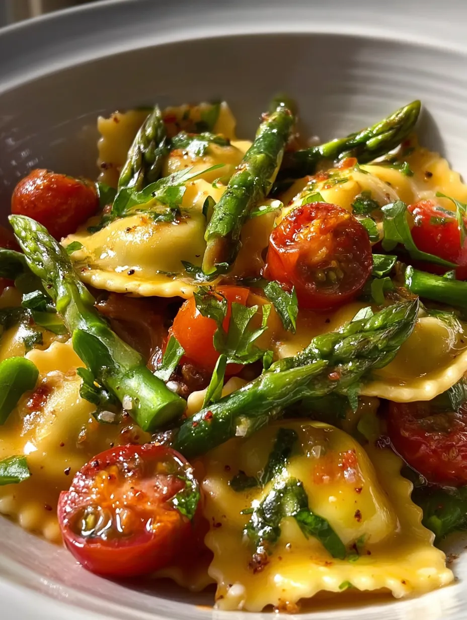 Ein Teller köstliche Pasta mit Tomaten und Spargel.