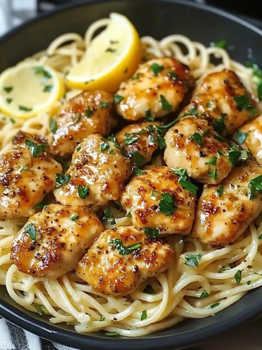 Eine Schüssel Nudeln mit Hähnchen und Zitronenspalten.