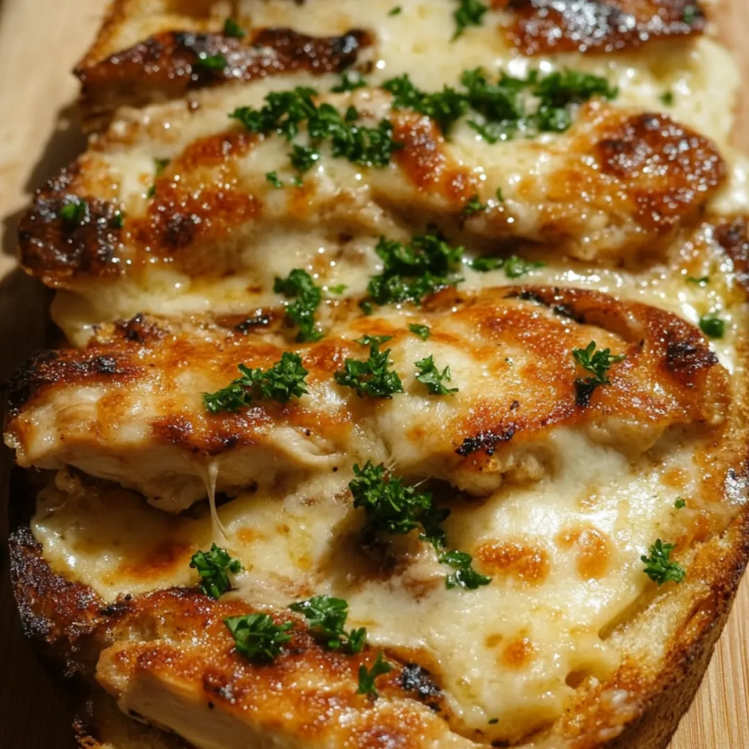 Ein Stück Brot mit Huhn und Käse darauf.