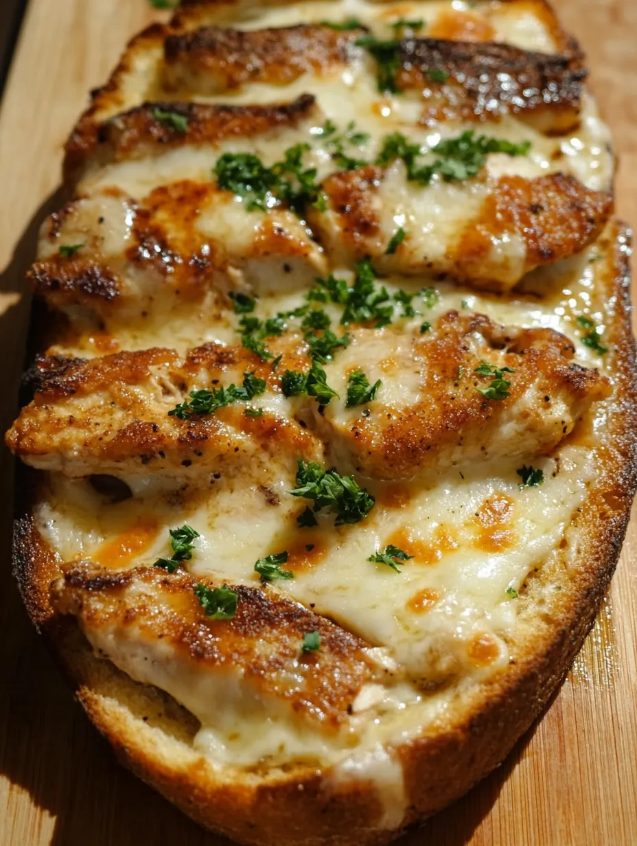 Ein Brotstück mit Hähnchen und Käse darauf.