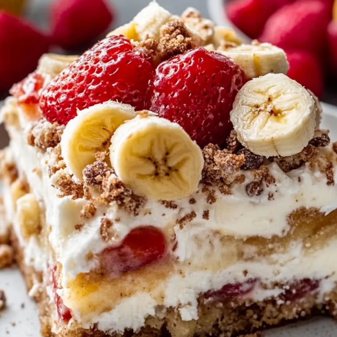 Ein Stück Kuchen mit Bananen- und Erdbeer-Topping.