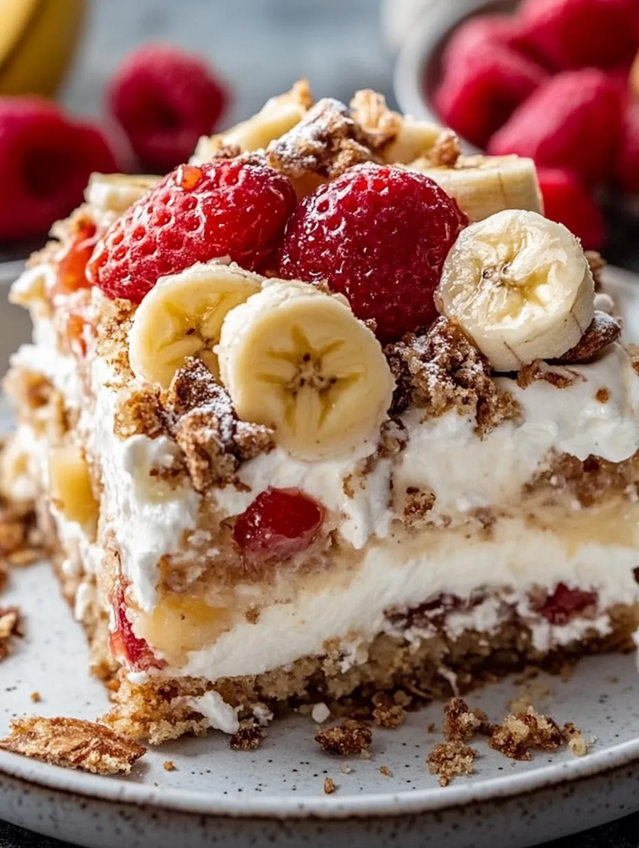 Ein Kuchenstück mit Bananen und Erdbeeren.