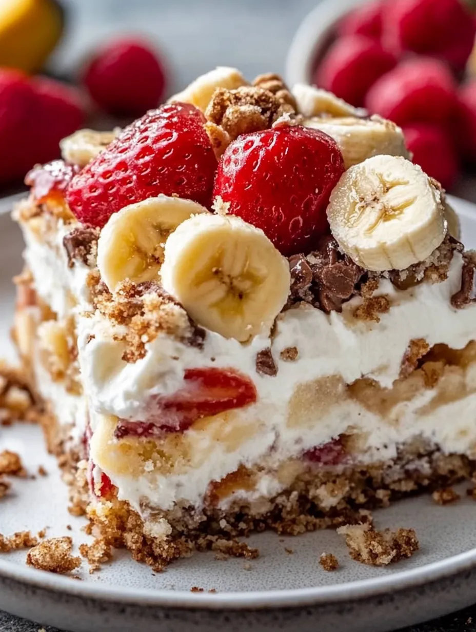 Ein Kuchenstück mit Bananen und Erdbeeren.