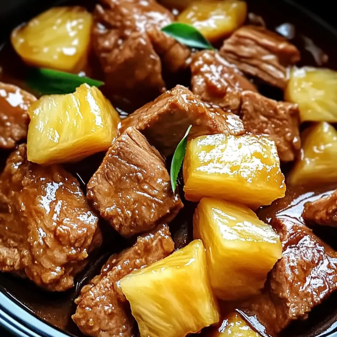 Eine Schüssel mit Schweinefleisch und Ananas.