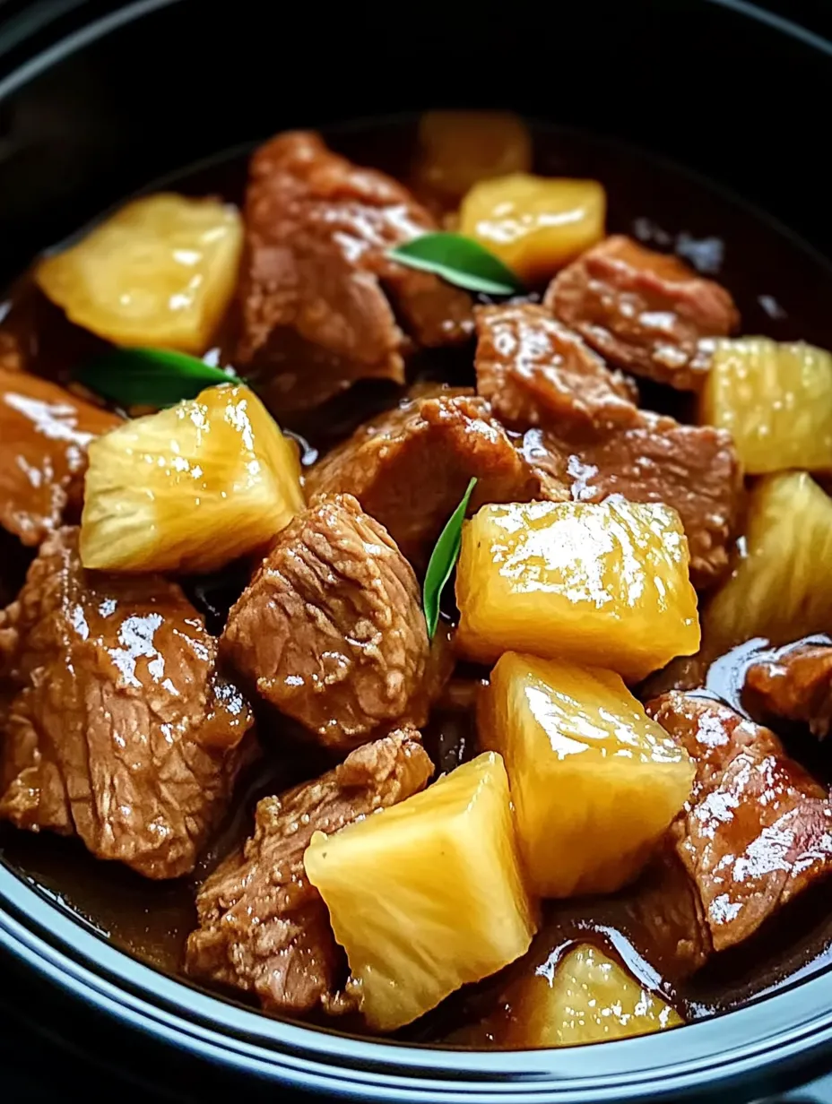 Eine Schüssel mit Fleisch und Ananasstücken.