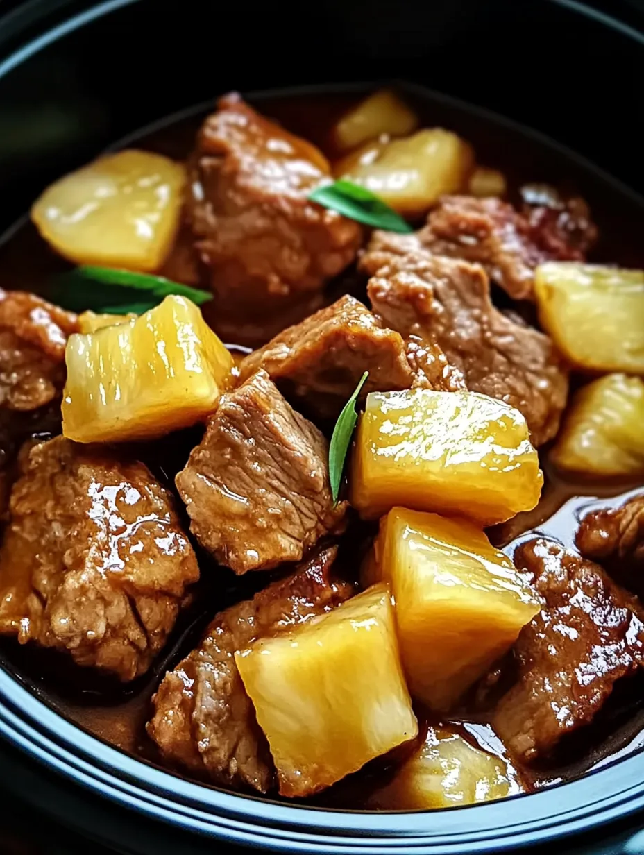 Eine Schüssel mit Fleisch und Ananas.