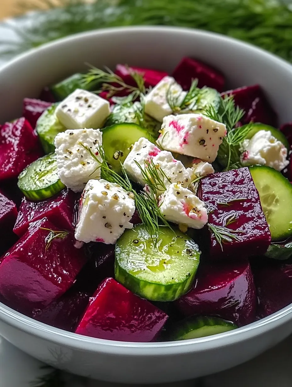 Eine Schüssel mit Salat aus Käse, Gurken und Roter Bete.