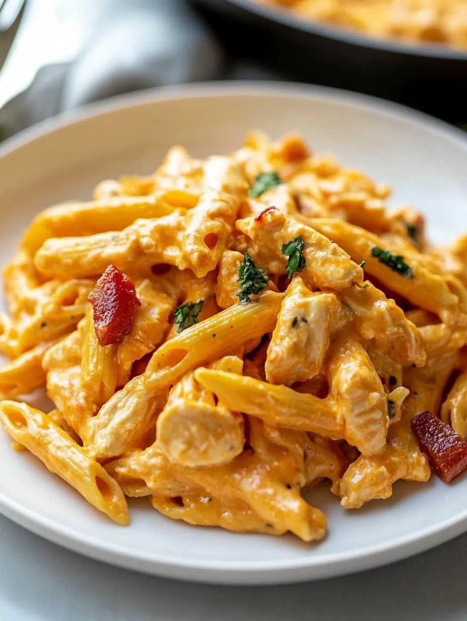 Ein Teller Nudeln mit Hähnchen und Käse.