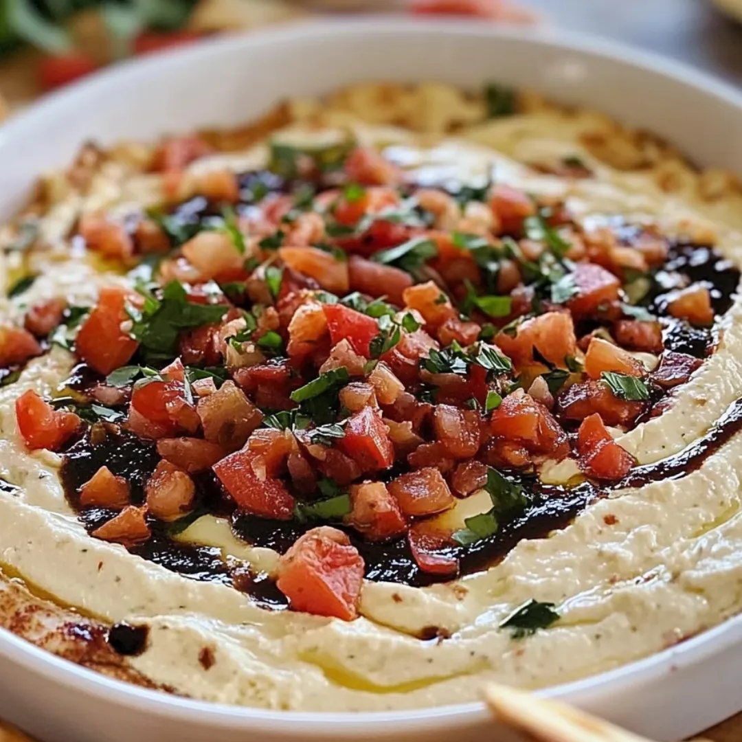 Eine weiße Schüssel mit Dip und Tomaten.
