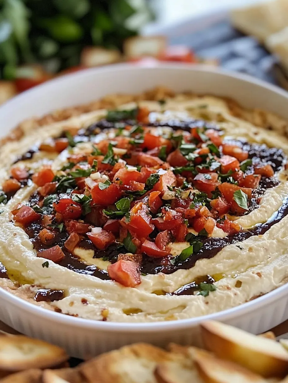 Eine weiße Schüssel gefüllt mit Dip und Tomaten.