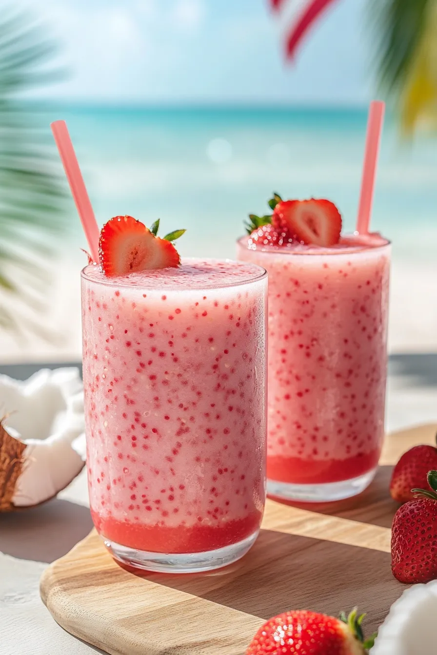 Zwei Gläser mit rosafarbenem Getränk und Erdbeeren.