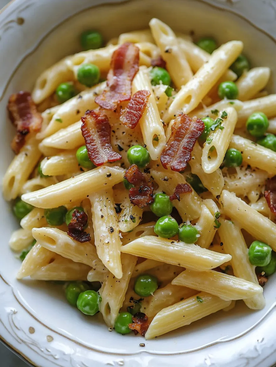 Eine Schüssel Pasta mit Erbsen und Speck.