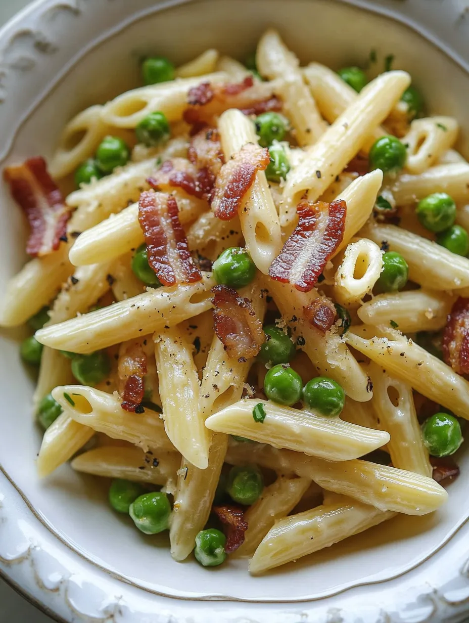 Eine Schüssel Pasta mit Erbsen und Speck.