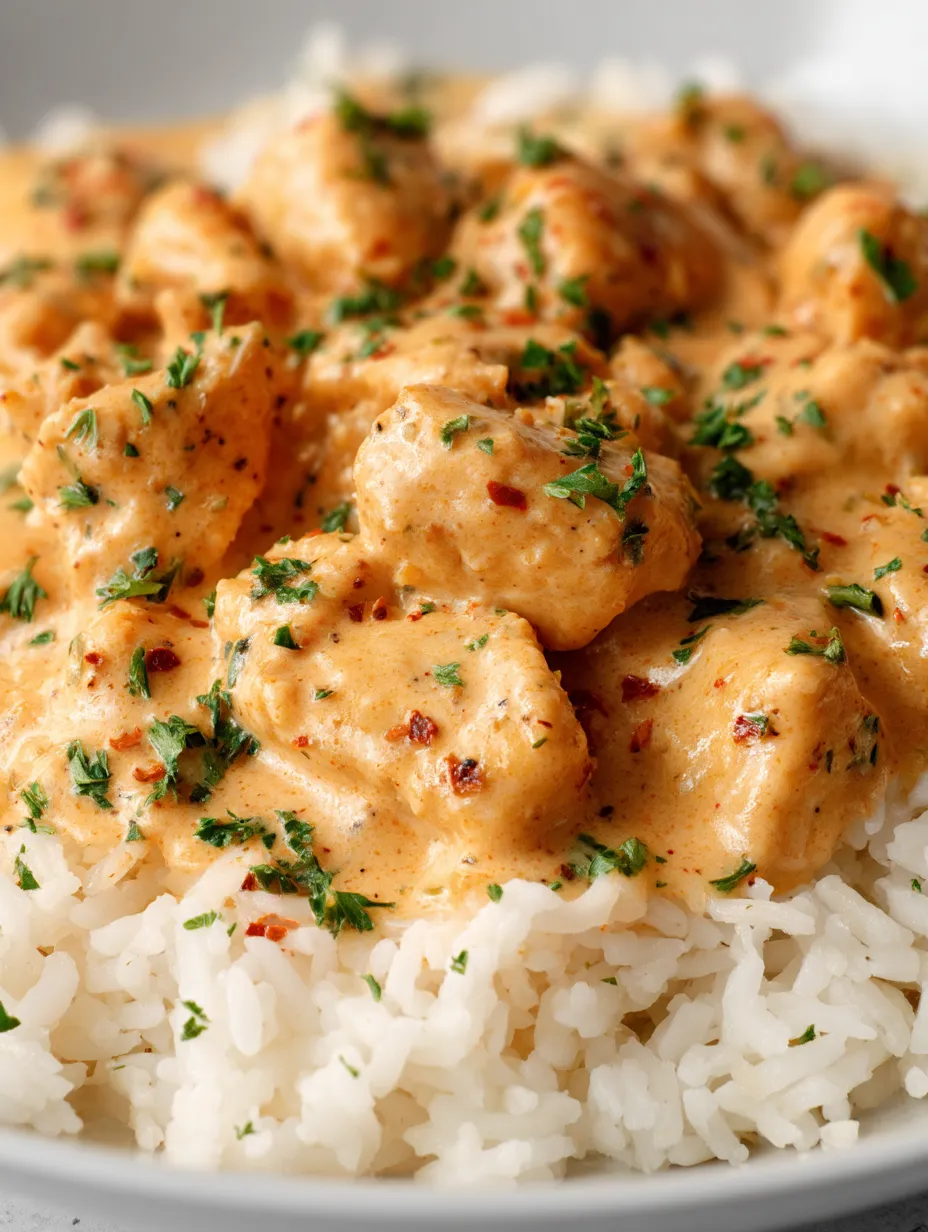 Nahaufnahme eines Tellers mit Reis, Hähnchen und Sauce.