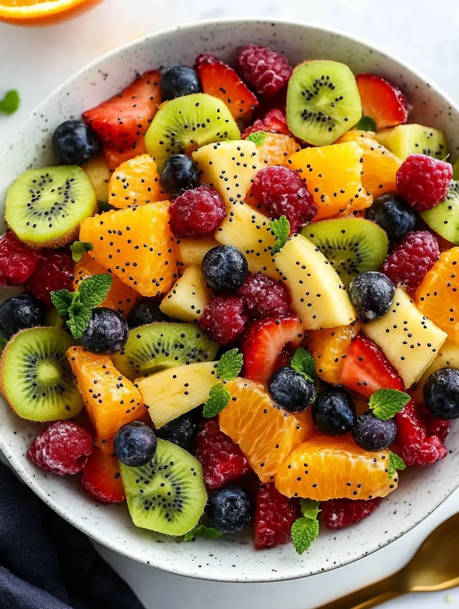 Schüssel mit Obst: Kiwis, Erdbeeren, Blaubeeren und Orangen.