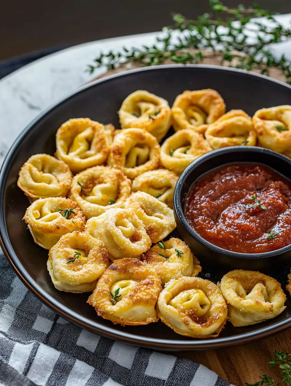 Ein Teller mit Knabber-Tortellini und Dip.