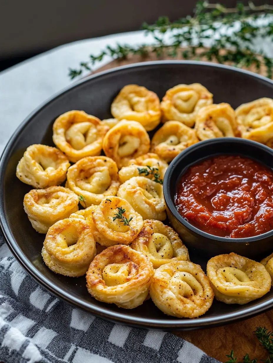 Ein Teller mit knusprigen Tortellini neben Soßenschale.