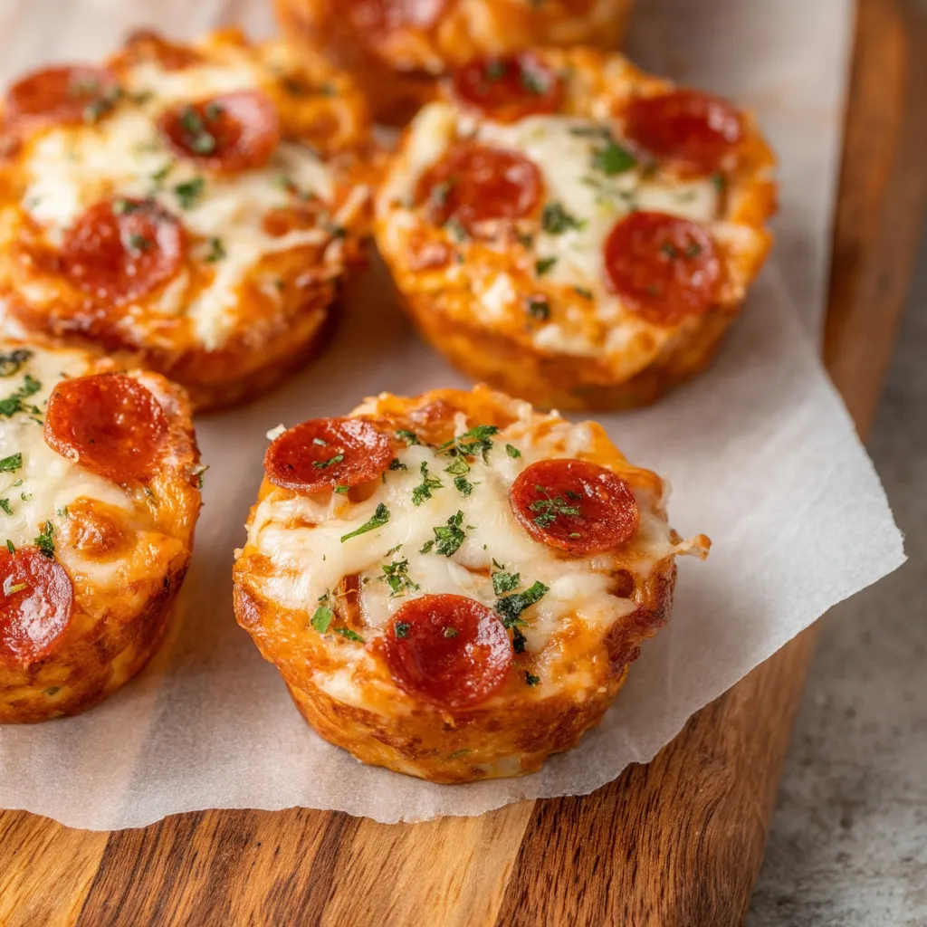 Auf einem Brett liegen kleine Pizzen mit Wurst und Käse.
