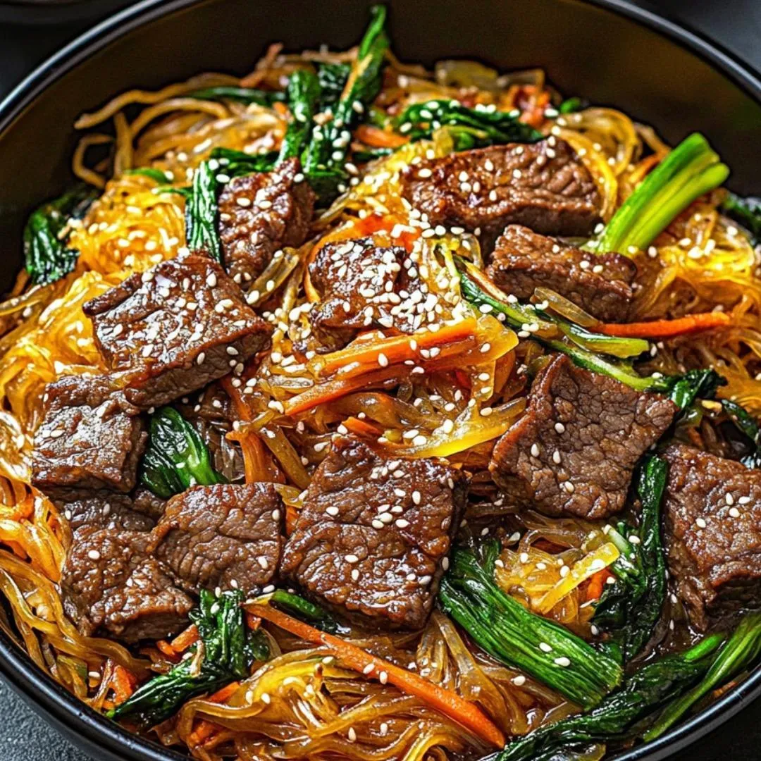 Eine Schüssel Glasnudeln mit Fleisch und Gemüse.