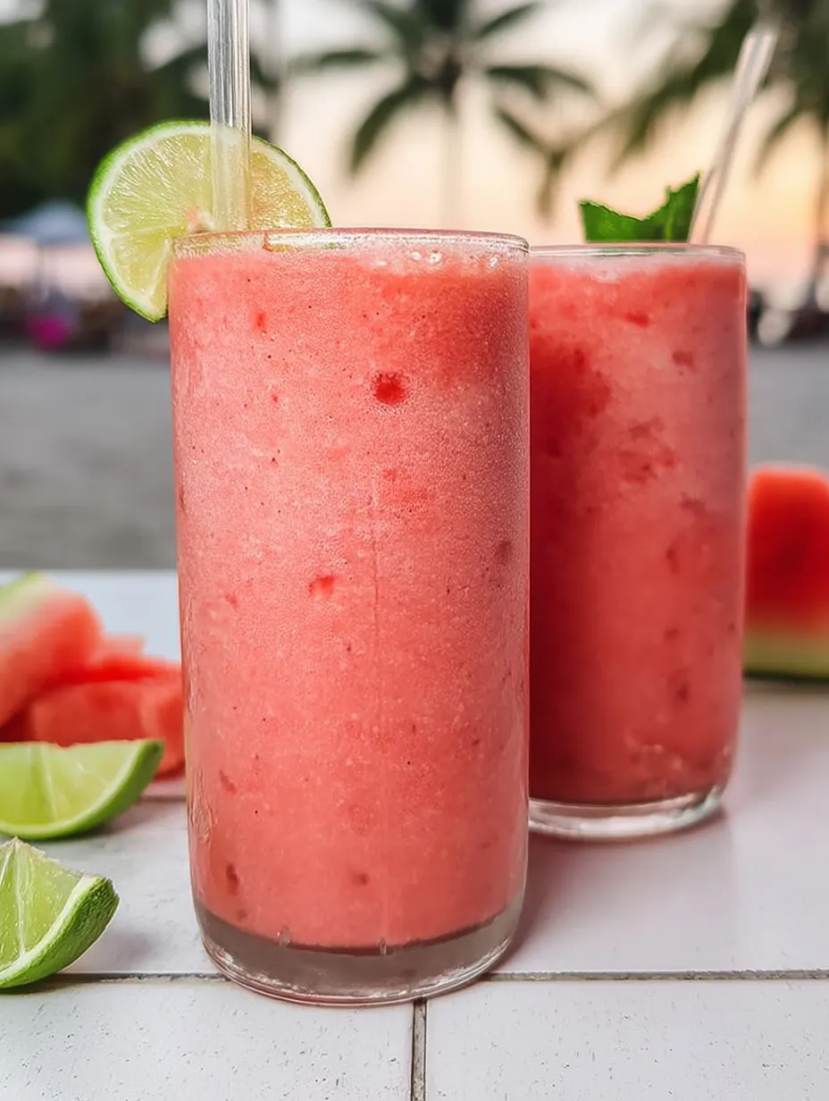 Zwei Gläser rosa Drink mit Limetten.