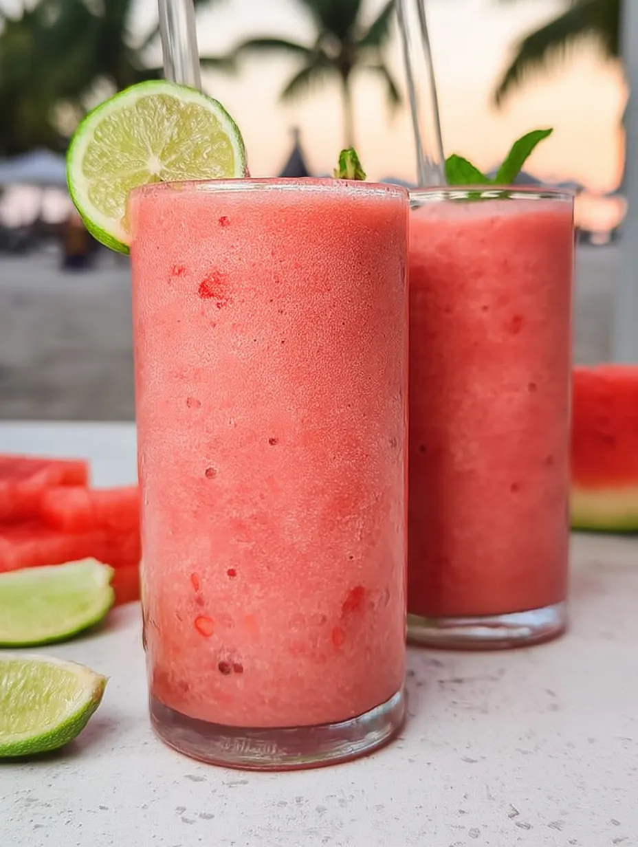 Zwei Gläser rosa Smoothie mit Limetten daneben.