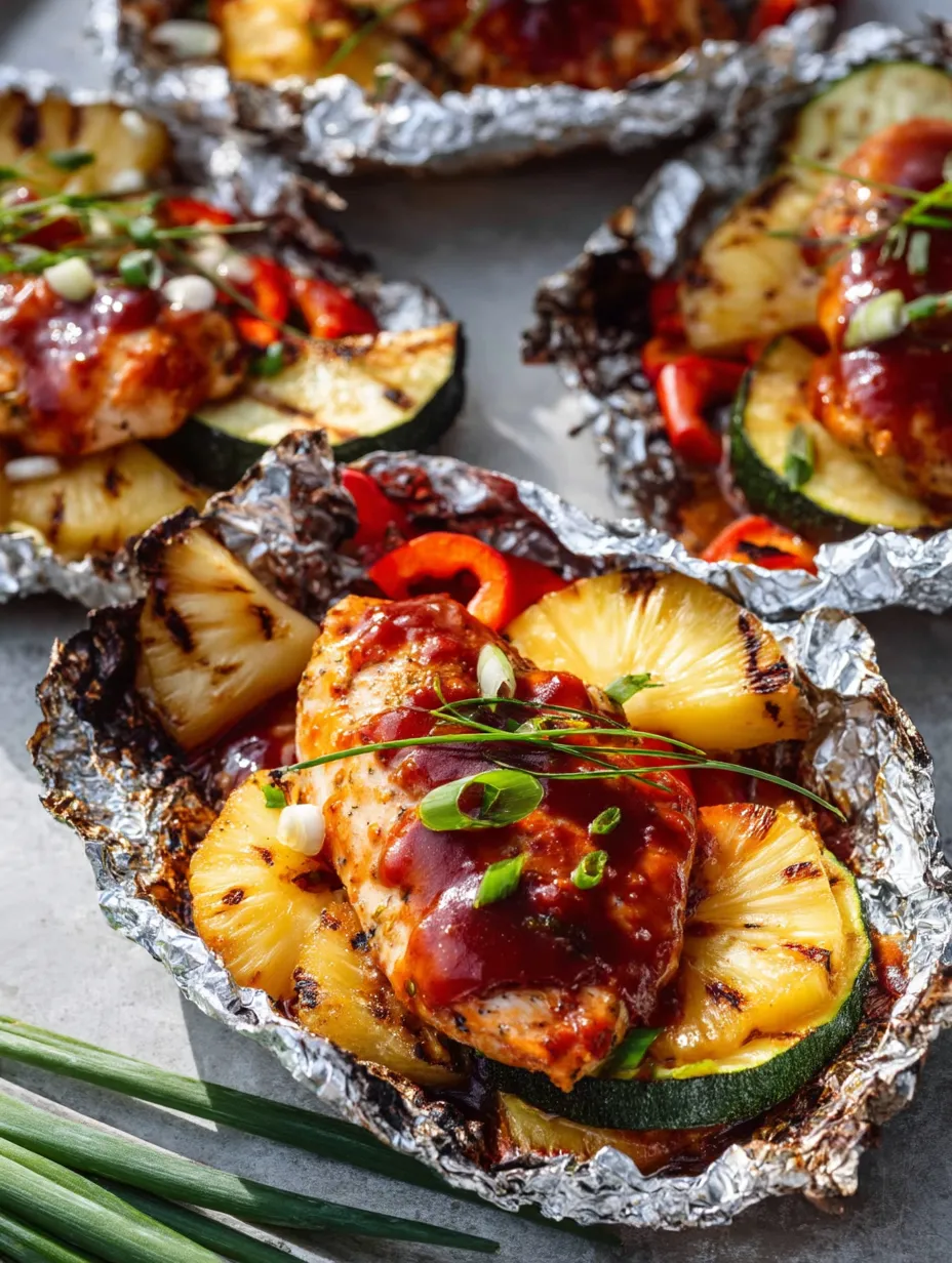 Teller voll mit Ananas, Zucchini und Hähnchenstücken.