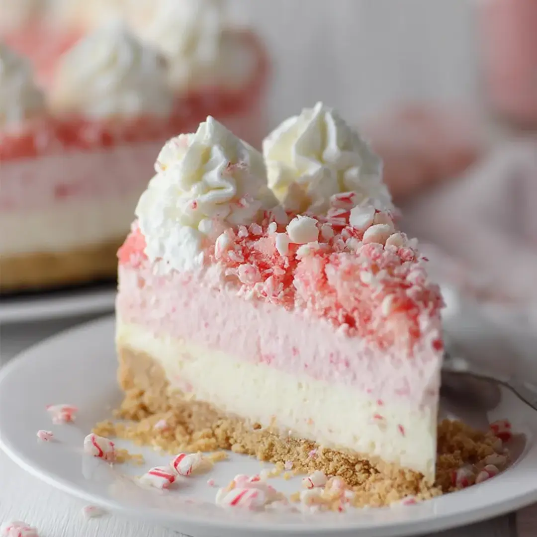 Ein Stück Kuchen mit weißer Creme und roten Streuseln.