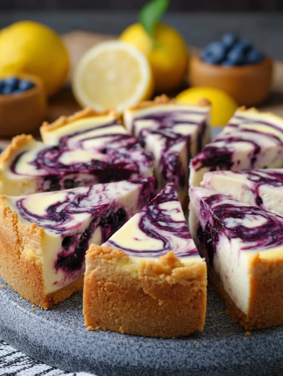 Stück Kuchen mit Blaubeeren und Zitronenscheiben auf dem Teller.