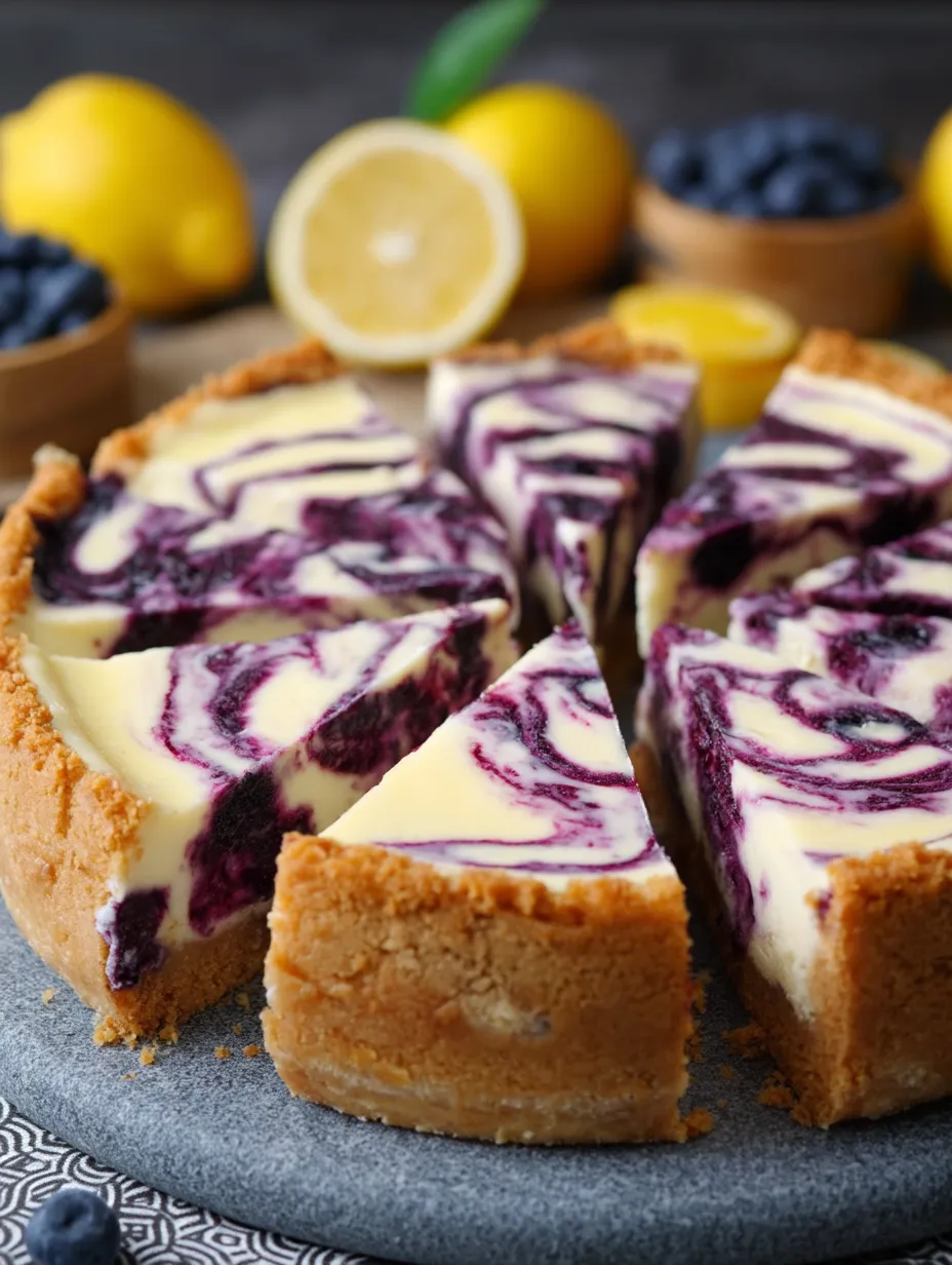 Stück mit Blaubeeren und Zitronenspirale obendrauf.