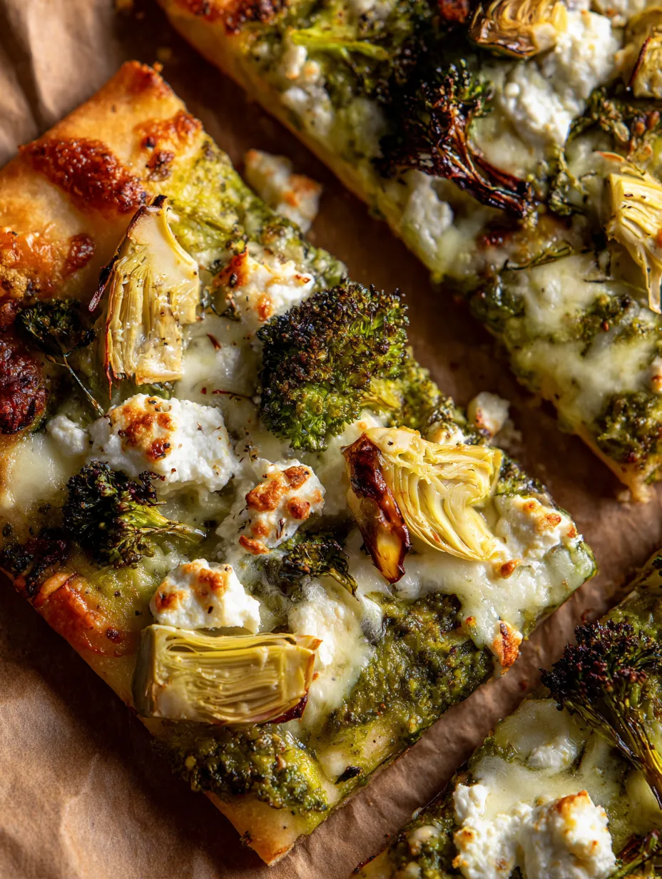 Ein Stück Pizza mit Brokkoli.