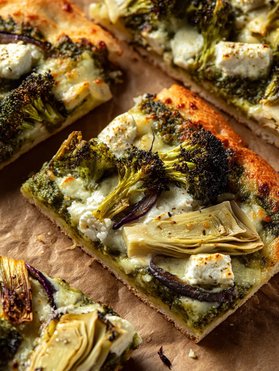 Ein leckeres Pizzastück mit Brokkoli.