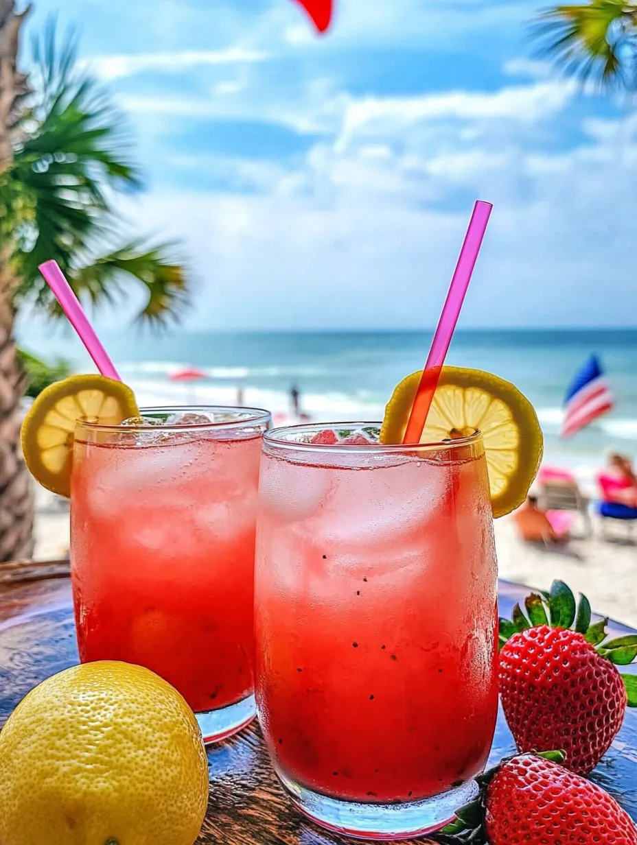Zwei Gläser rosa Limonade mit Erdbeeren und Zitronen.