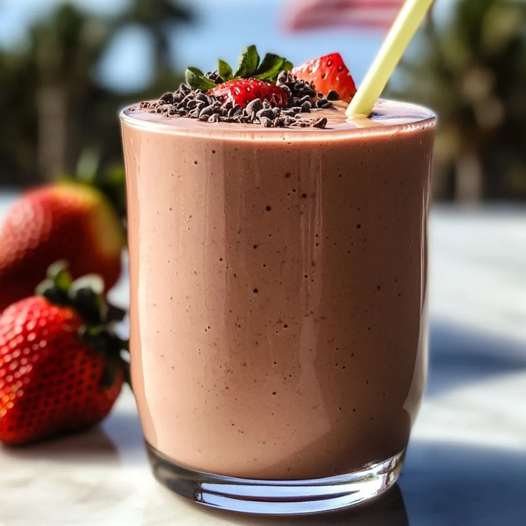 Ein Glas Schokomilch mit Erdbeeren obendrauf.