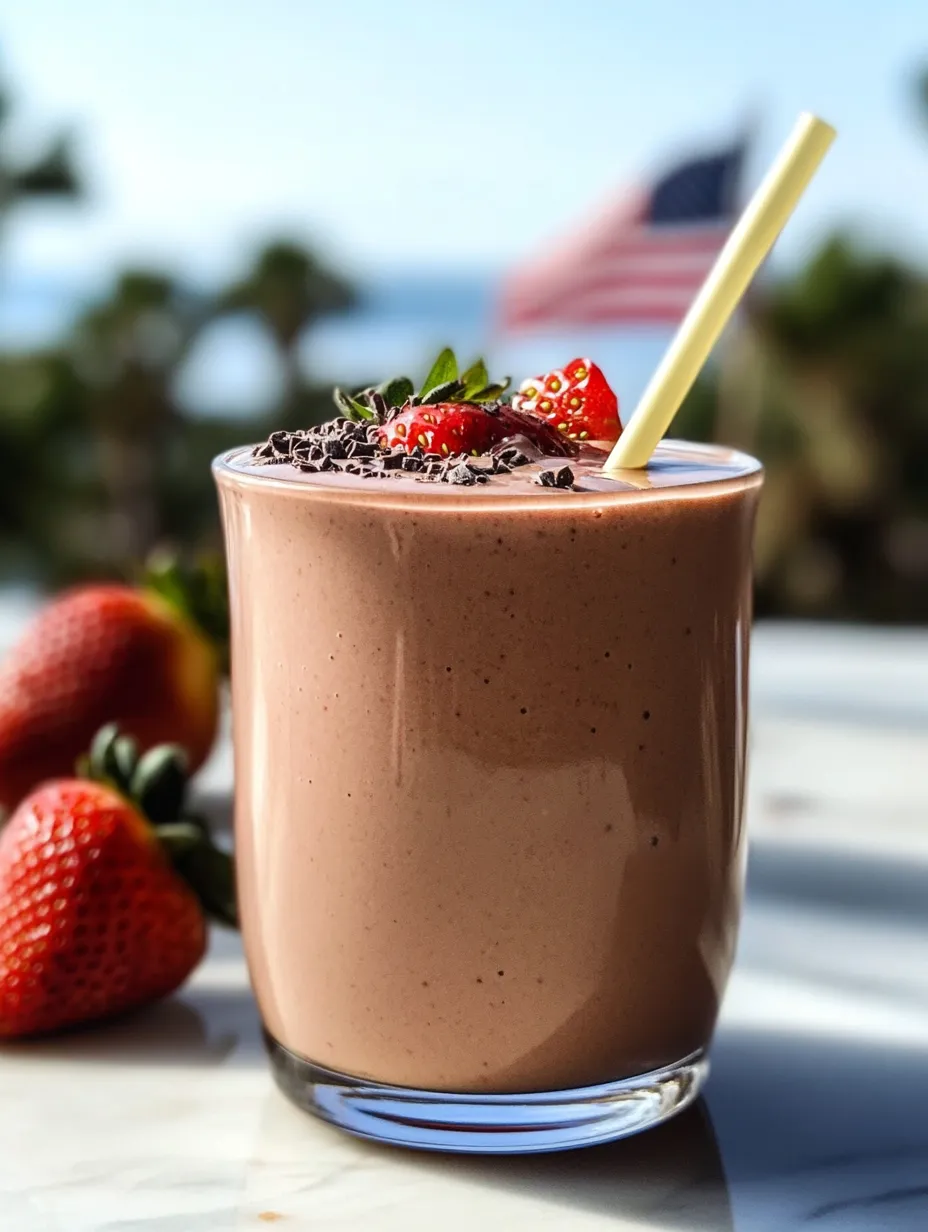 Ein Glas Kakao mit obenauf Erdbeeren.