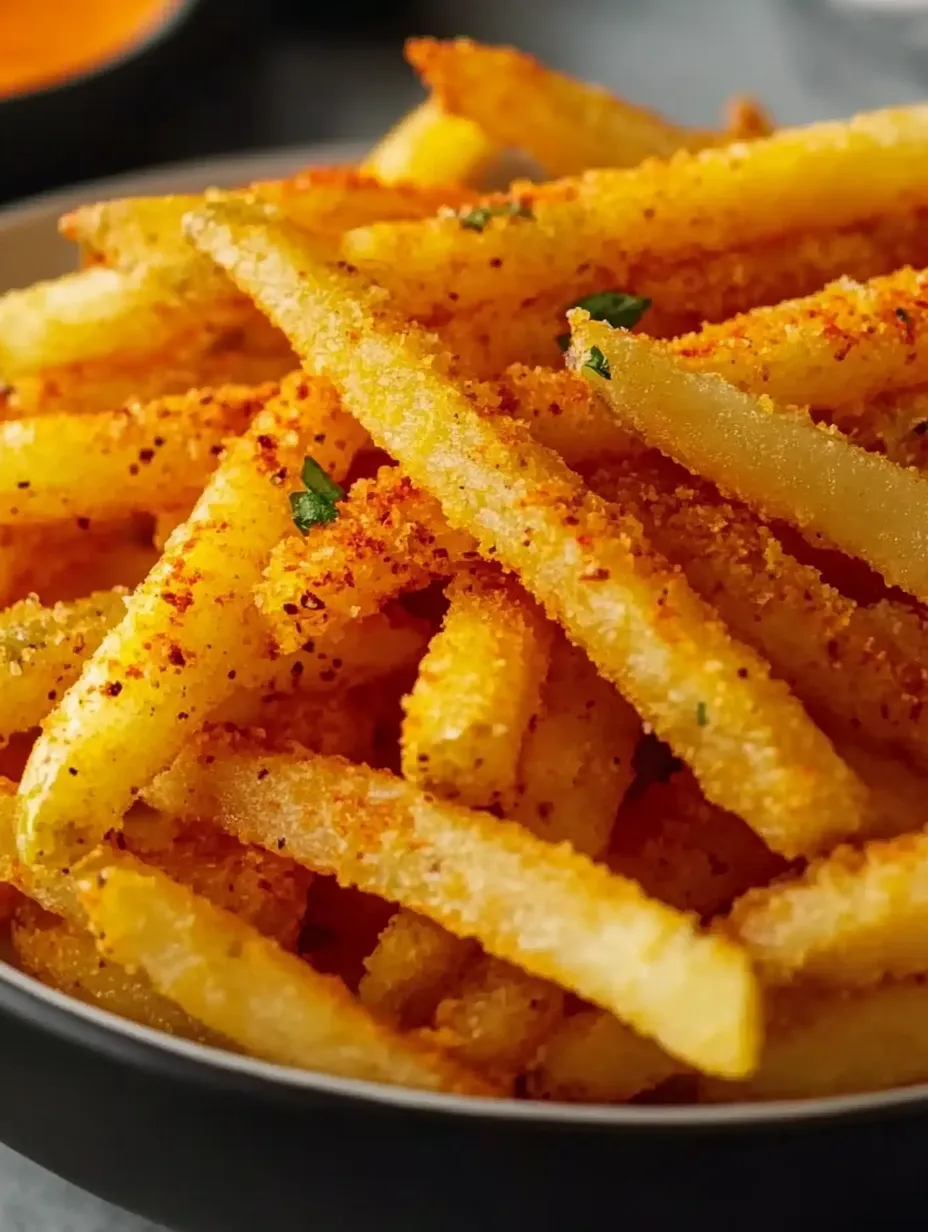 Ein Teller Pommes mit Gewürzen.