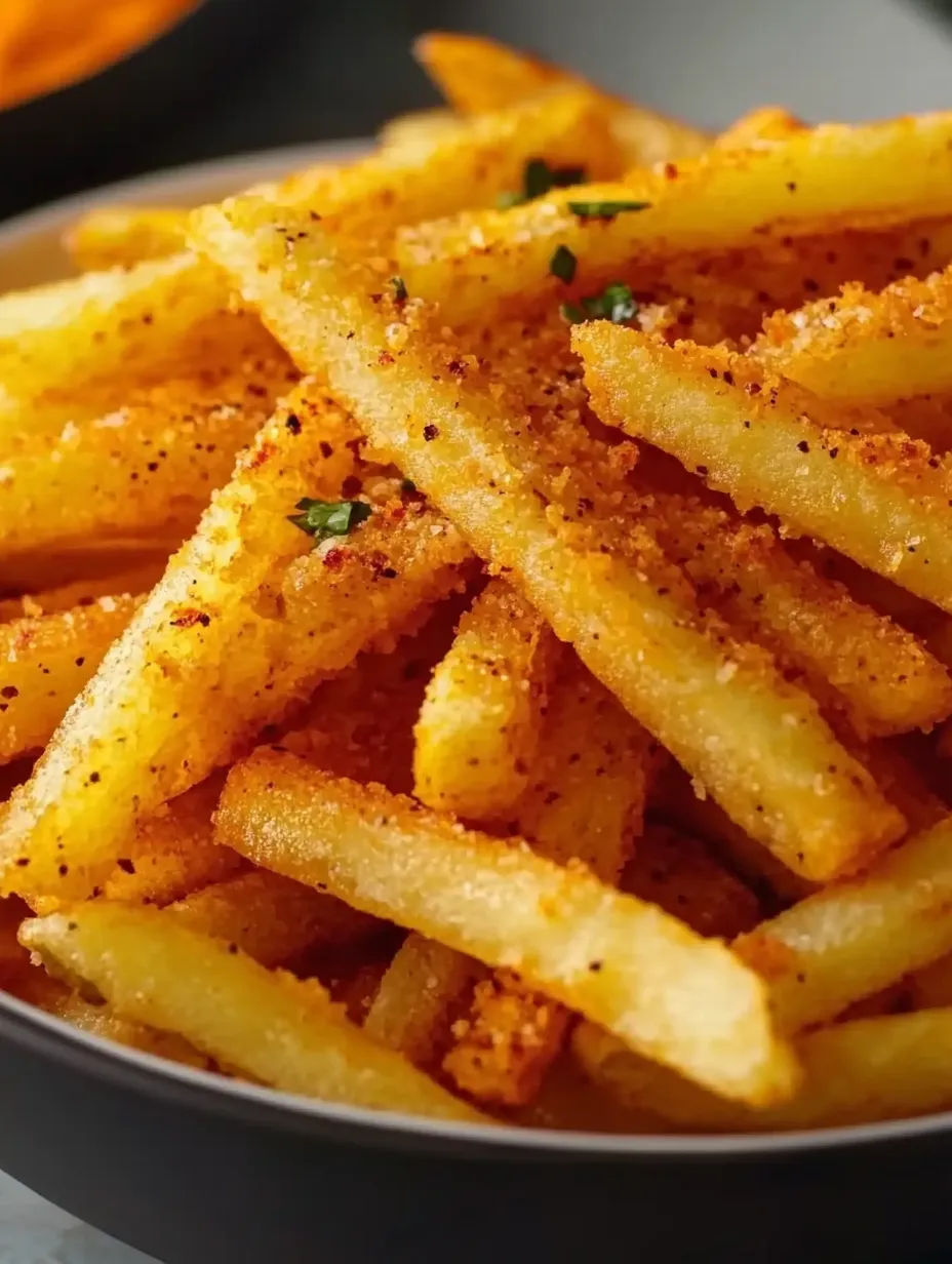 Ein Teller Pommes mit Gewürzen.