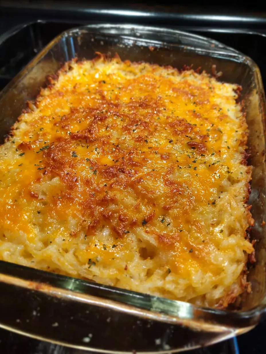 Eine Form mit Käse-Rösti-Auflauf.