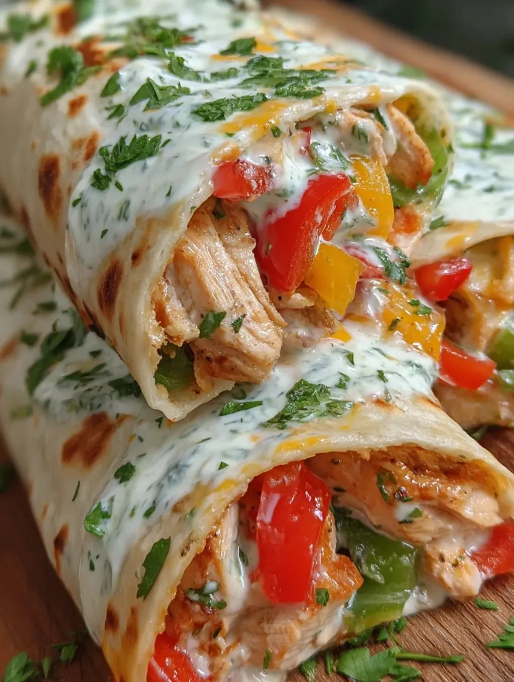 Ein Wrap mit Hähnchen, Tomaten und Käse.