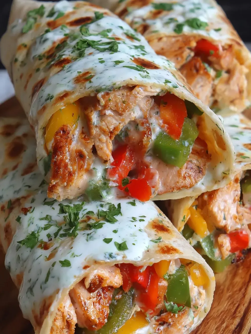 Ein Wrap gefüllt mit Hähnchen, Paprika und Käse.