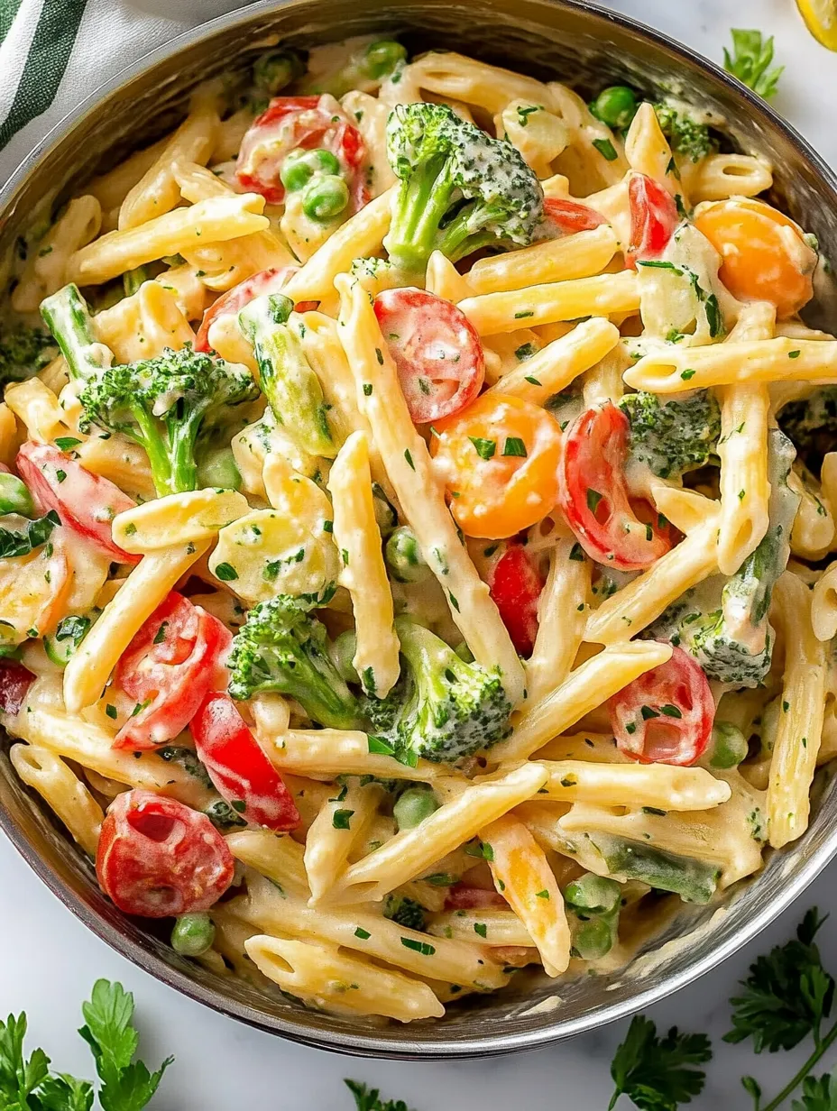 Eine Schüssel Pasta mit Brokkoli und Tomaten.