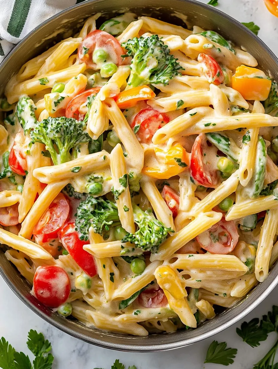 Eine Schüssel Pasta mit Brokkoli und Tomaten.