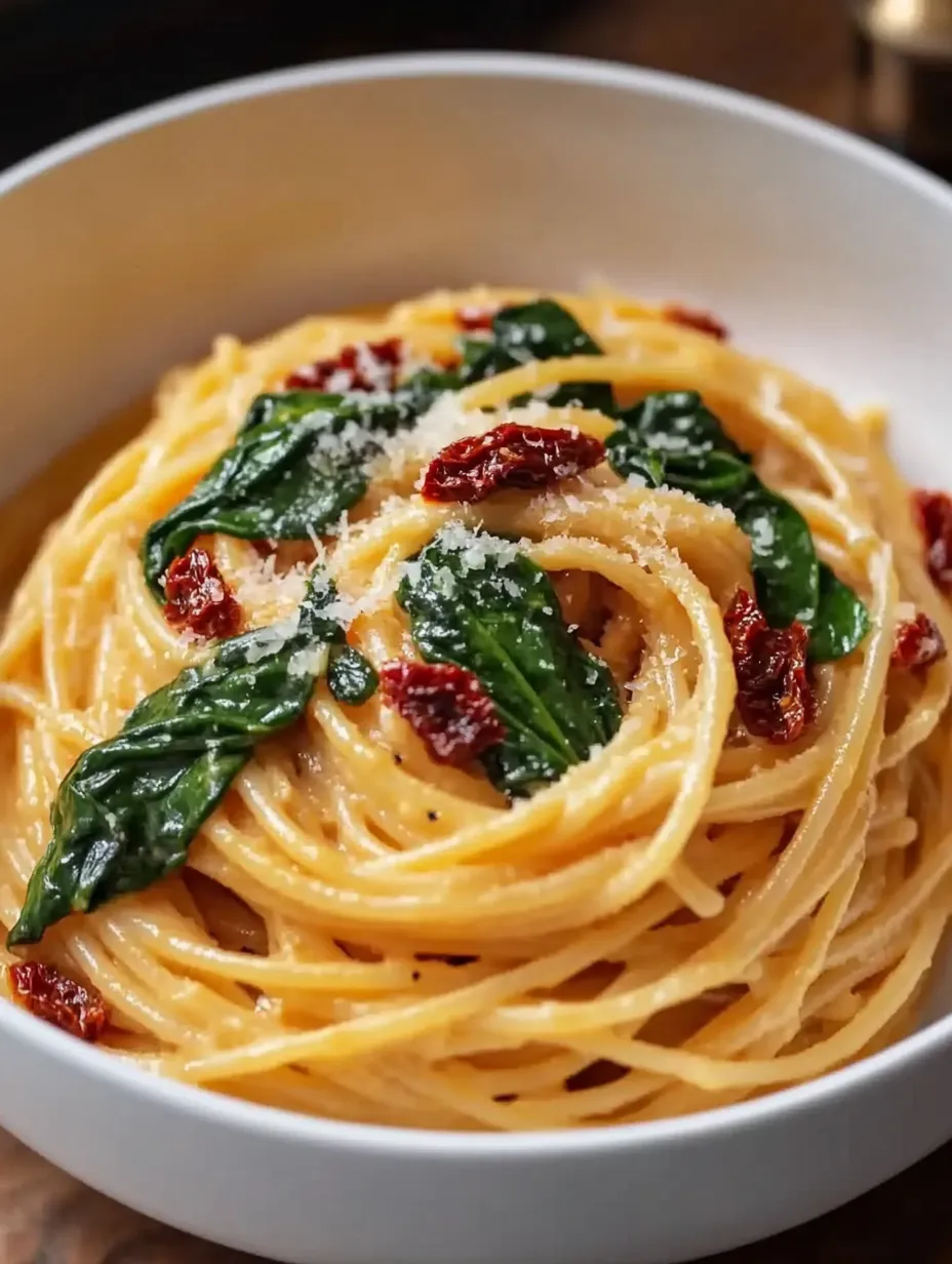 Schüssel mit Pasta, Spinat und roten Paprika.